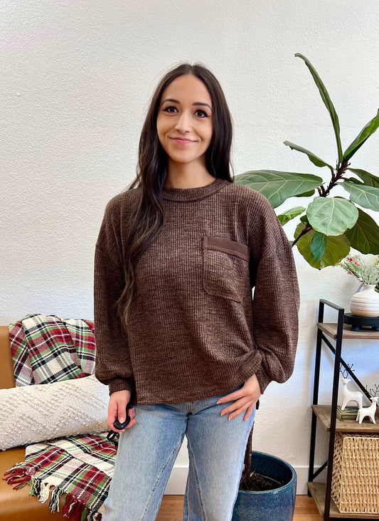 Brown Ribbed Pocket Pullover