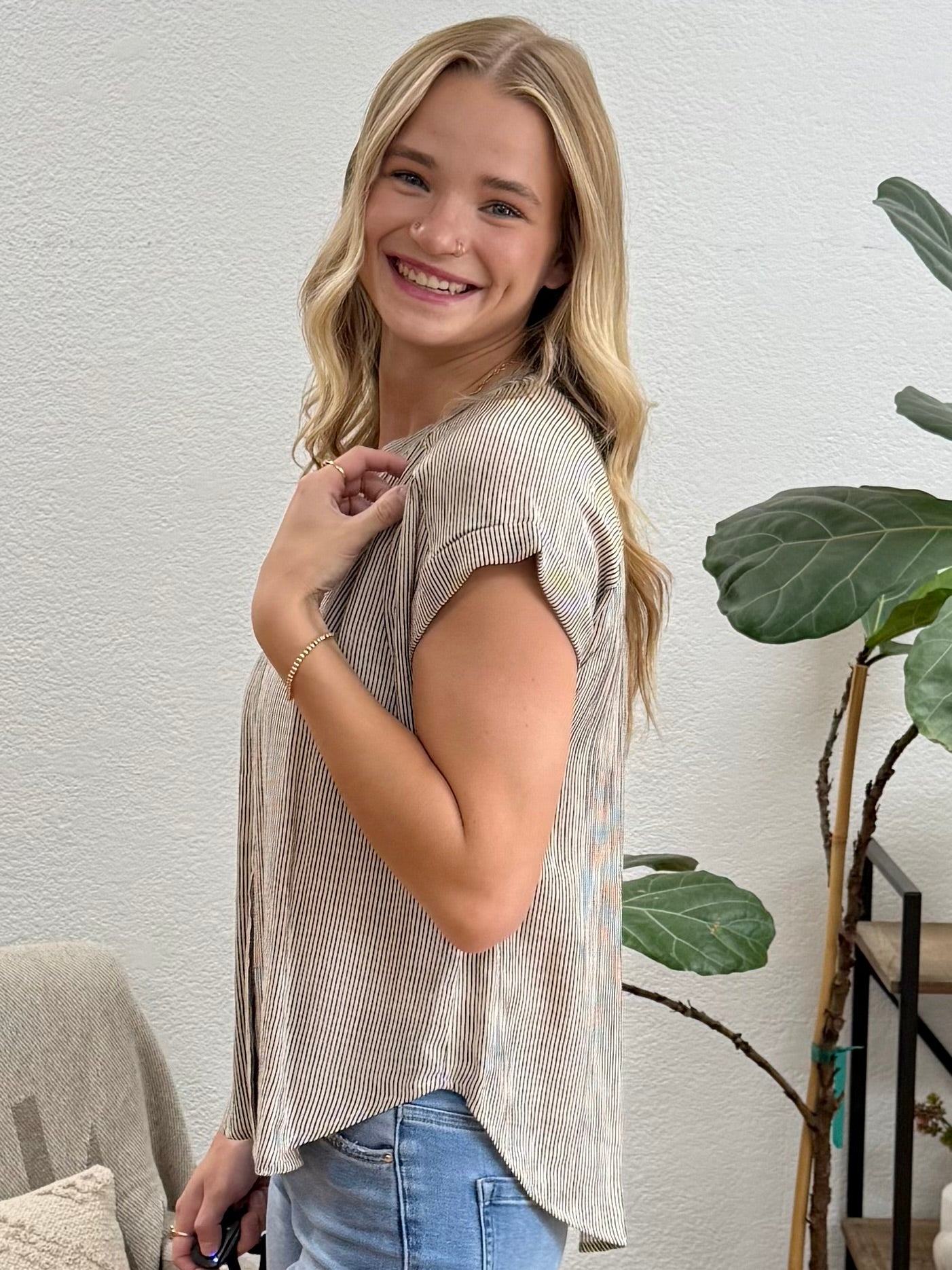 Champagne Pinstripe Button Down Top