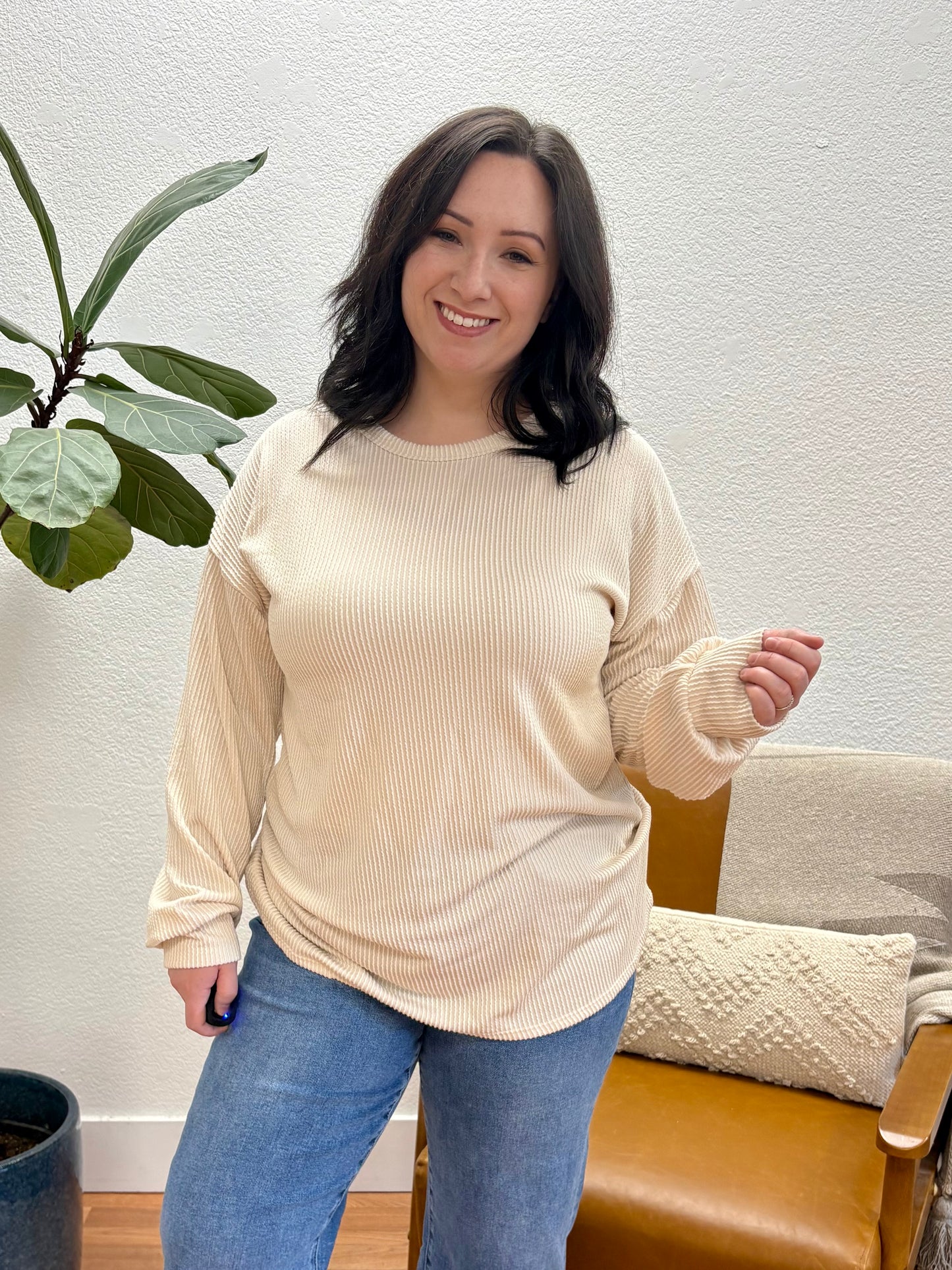 Cream Long Sleeve Urban Rib Top