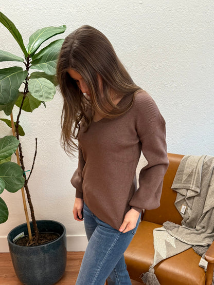 Brown Balloon Sleeve V Neck Sweater