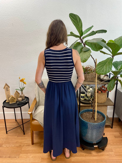 Navy Striped Bodice Sleeveless Dress