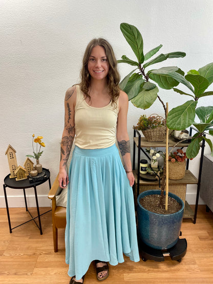 Teal Box Pleated Midi Skirt