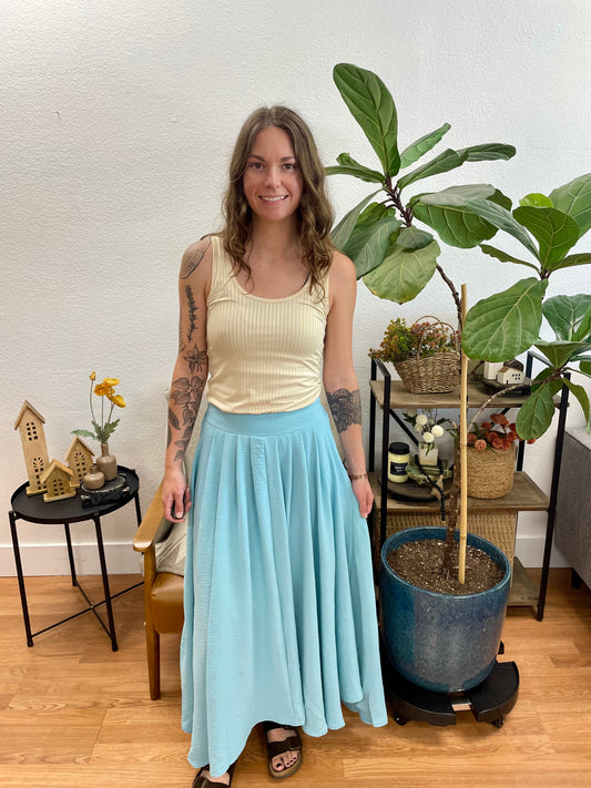 Teal Box Pleated Midi Skirt