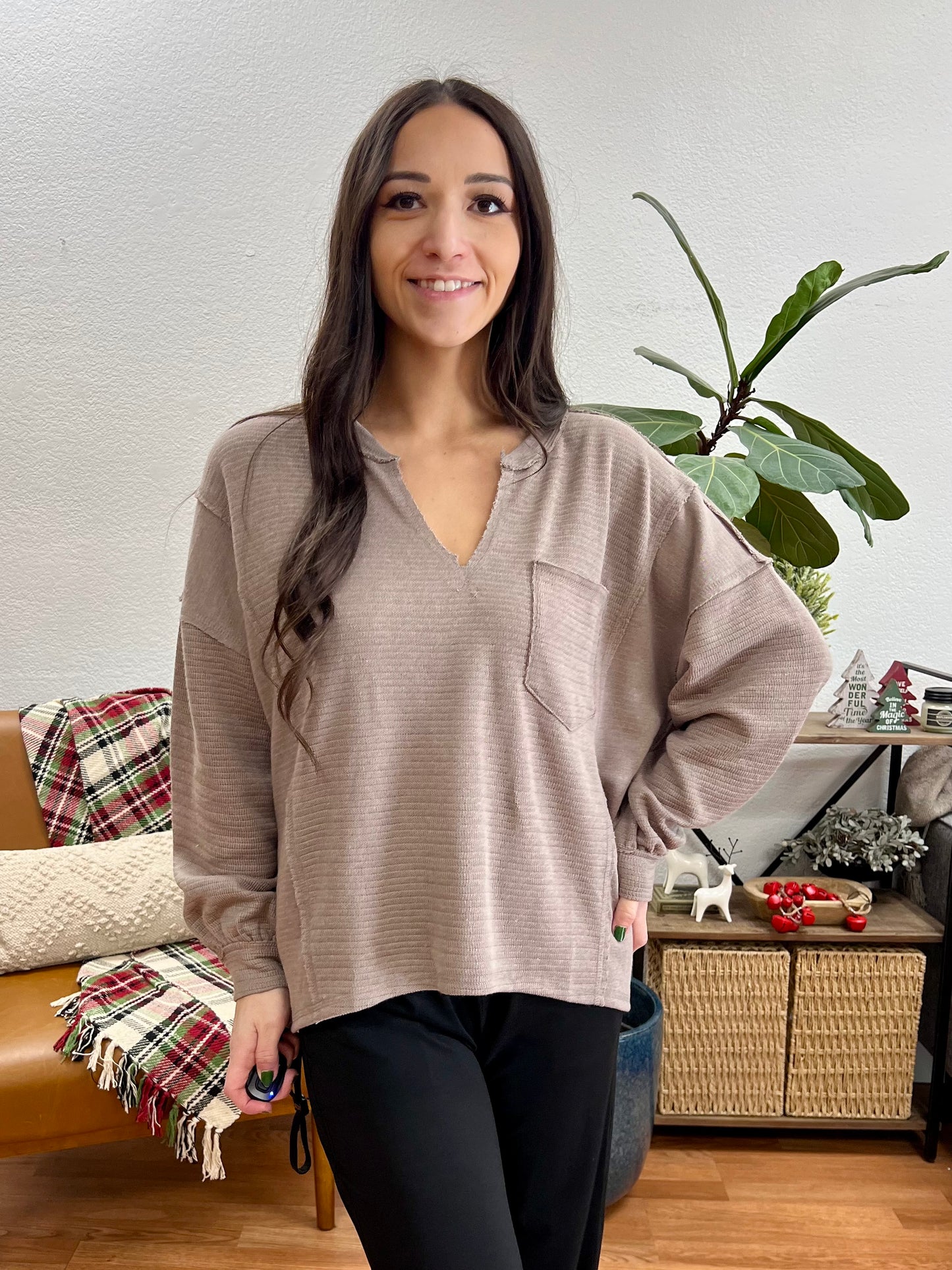 Chestnut Patchwork Split Neck Knit Top