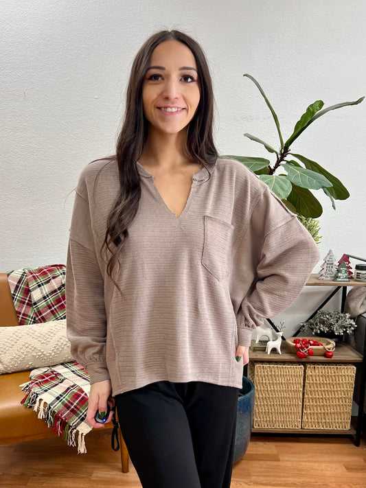 Chestnut Patchwork Split Neck Knit Top