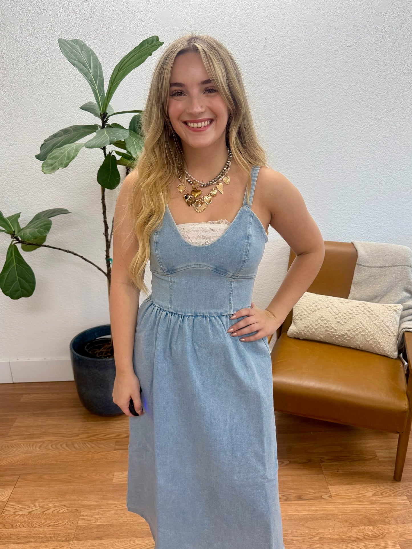 Light Wash Denim Fit & Flare Dress