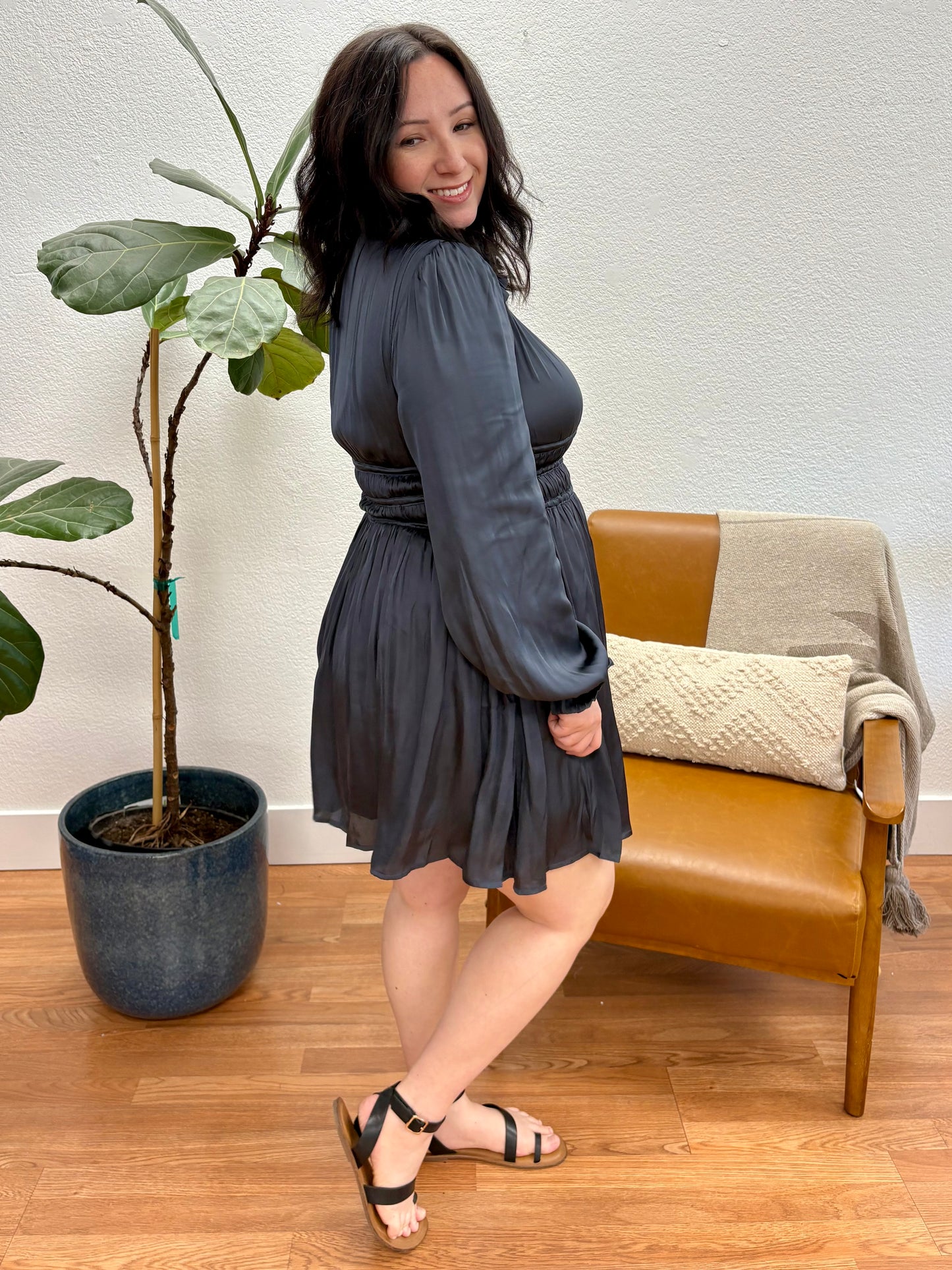 Navy Balloon Sleeve Mini Dress