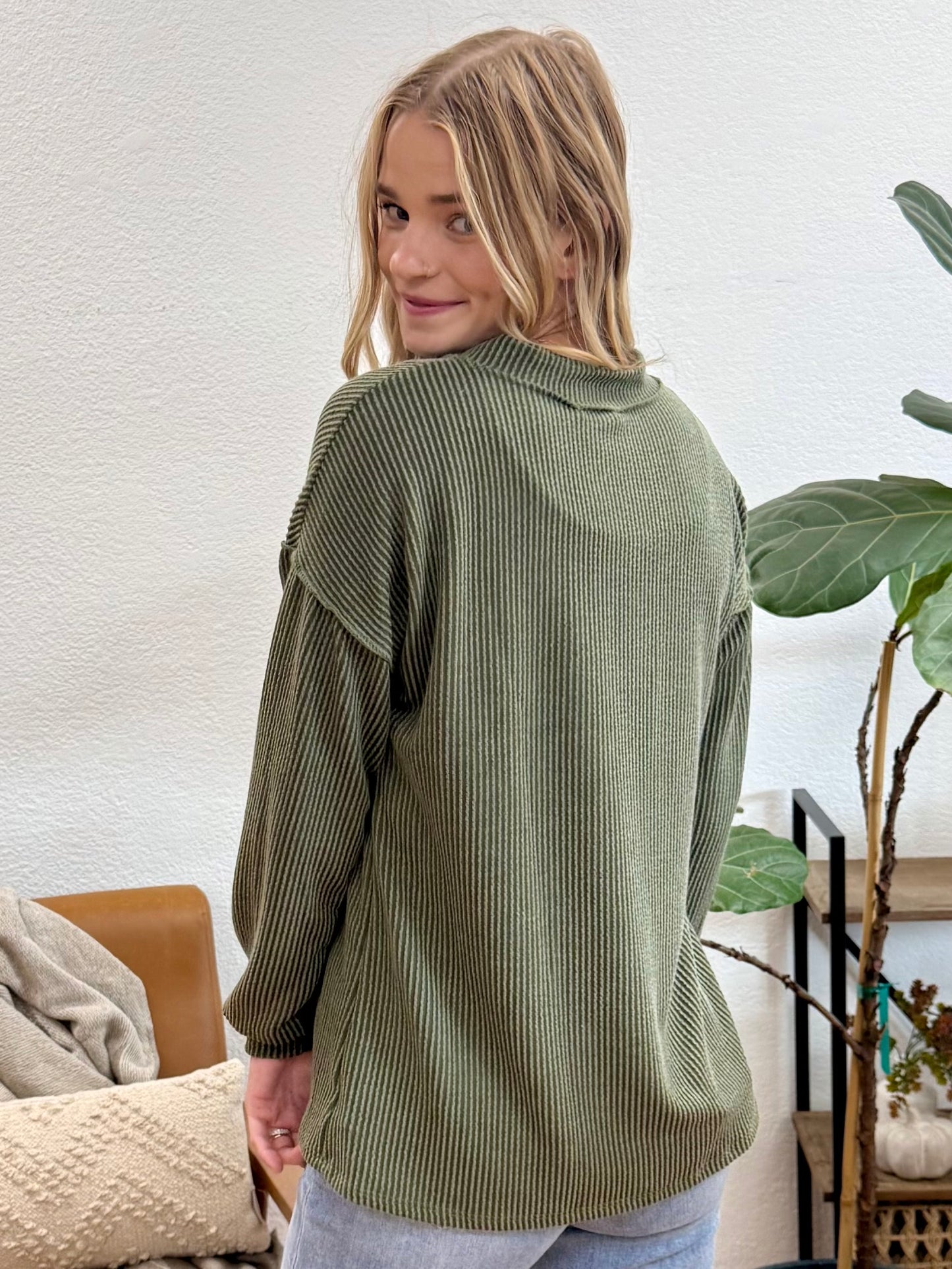 Olive Puff Sleeve Urban Ribbed Top
