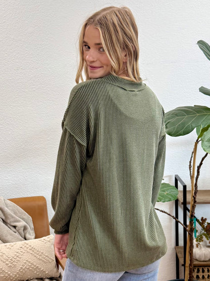 Olive Puff Sleeve Urban Ribbed Top