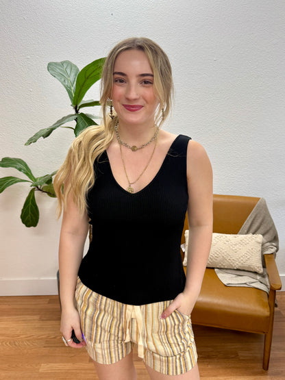 Black V-Neck Ribbed Tank