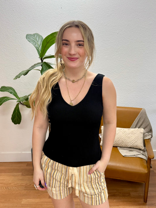 Black V-Neck Ribbed Tank