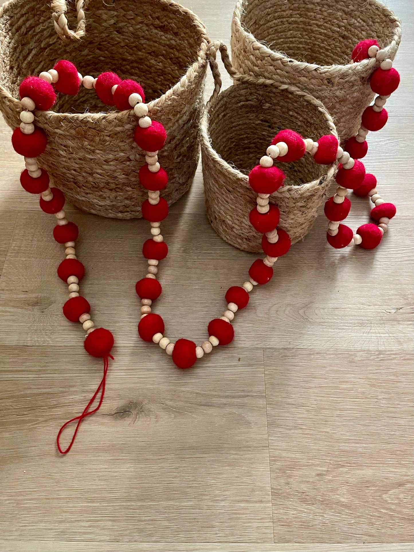 Red Wool and Wood Beaded Garland