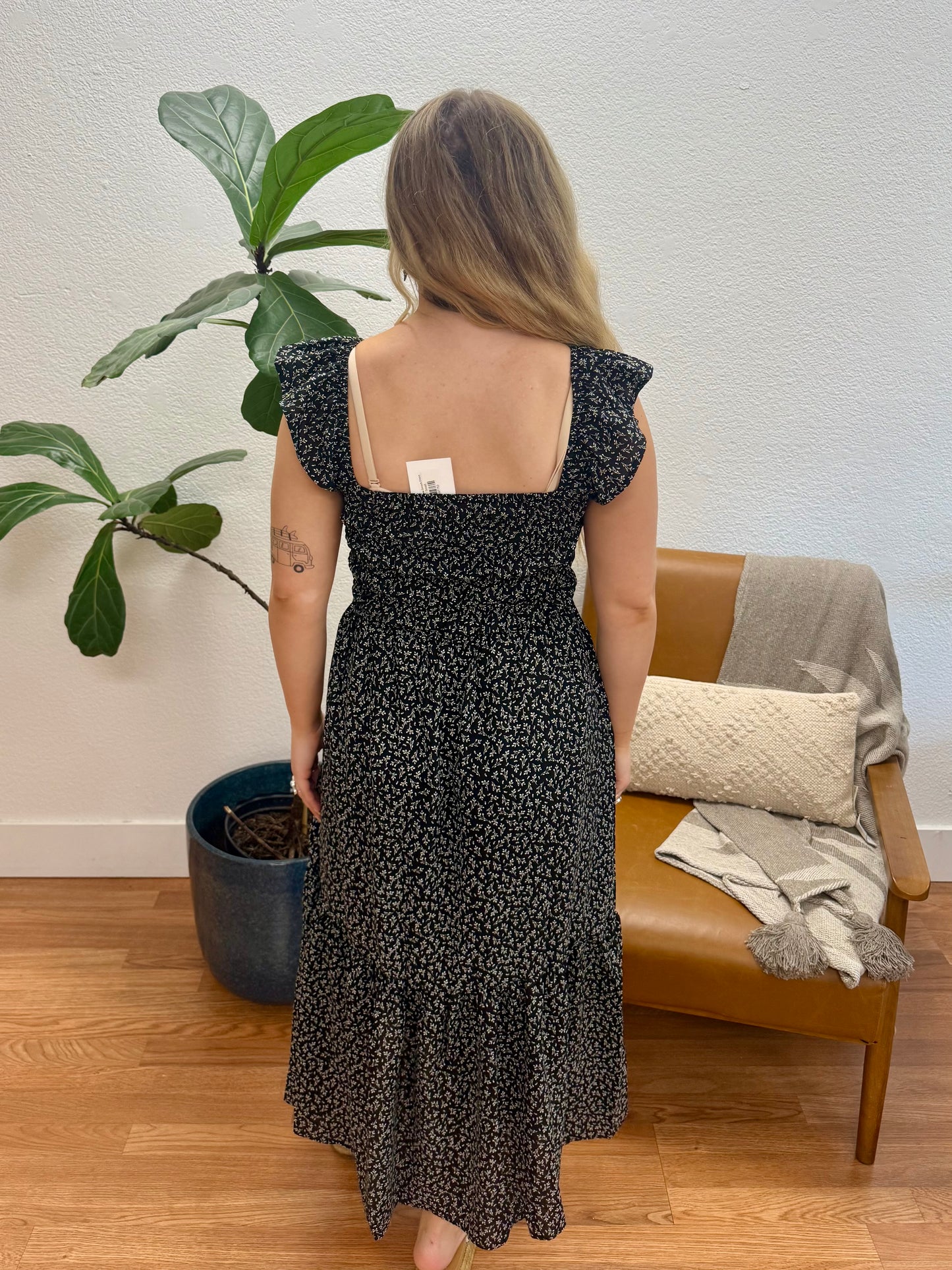 Black Ruffle Sleeve Smock Dress