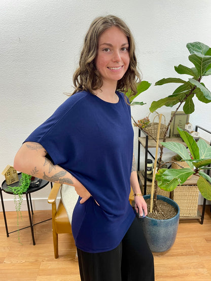 Navy Dolman Sleeve Boat Neck Top
