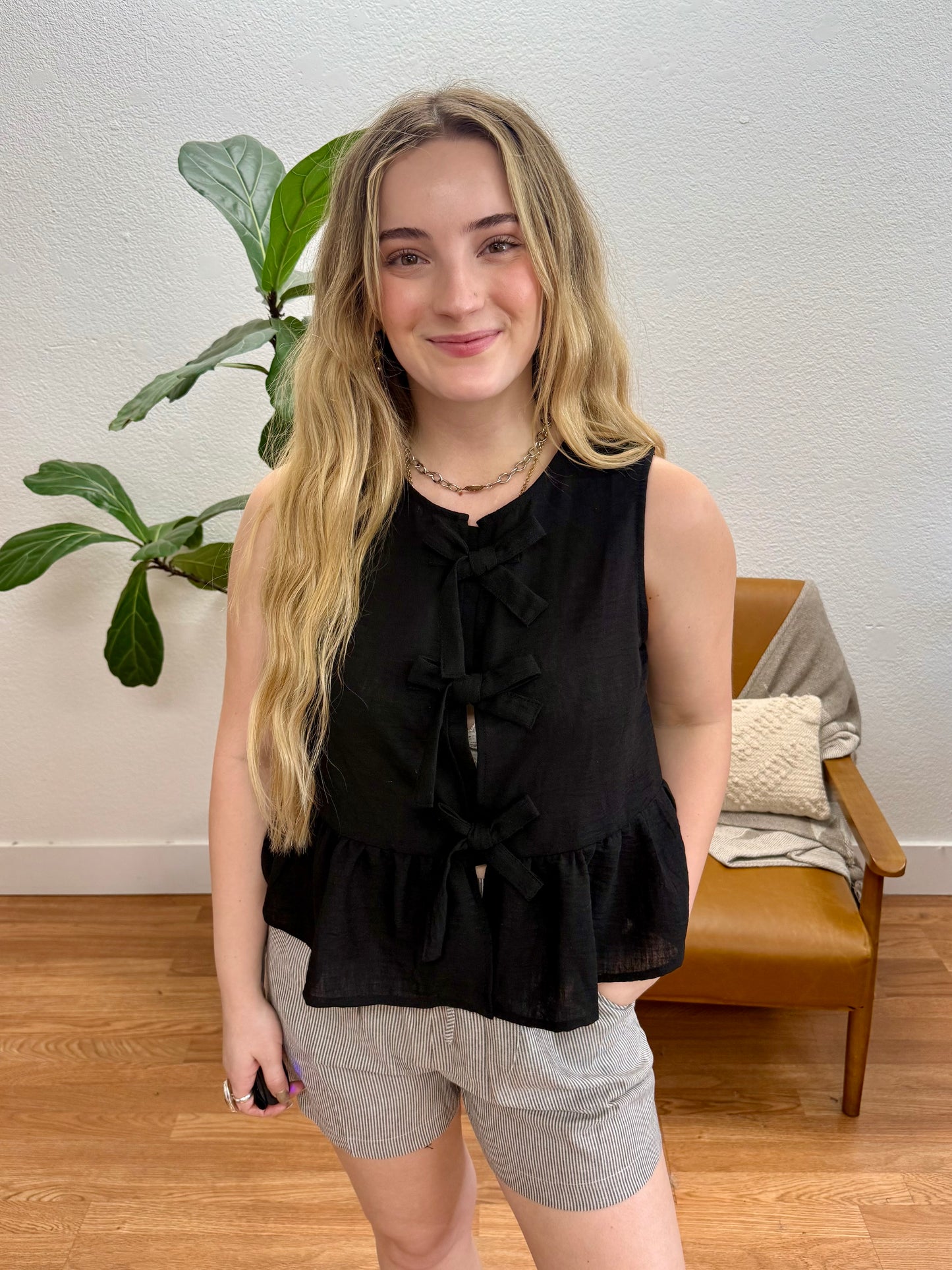 Black Bow Tie Linen Tank