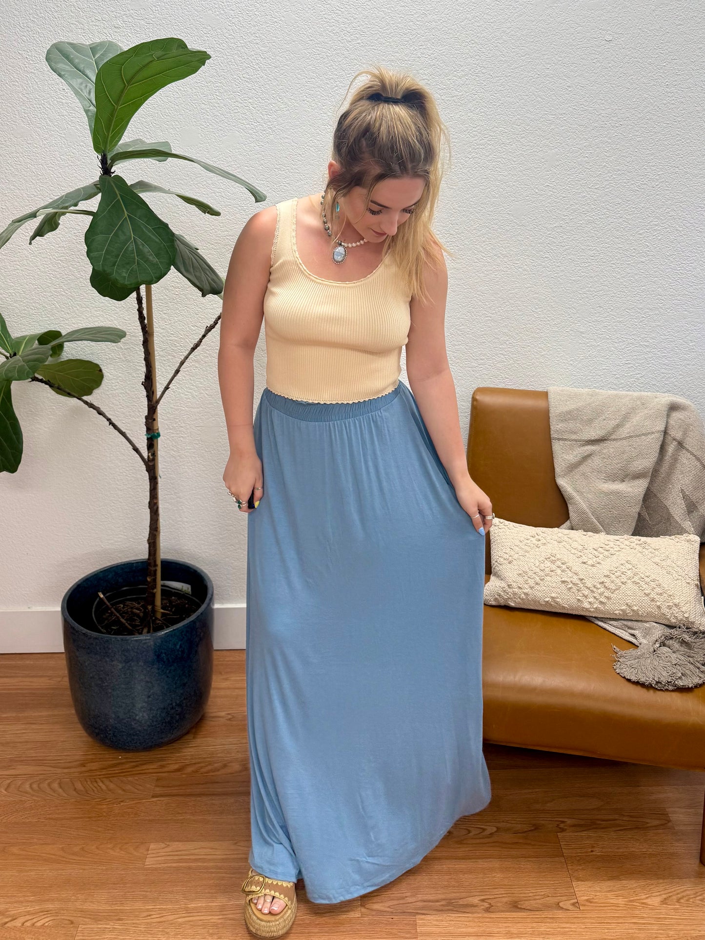 Chambray Solid Maxi Skirt