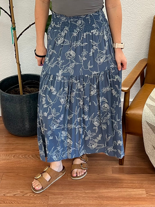 Vintage Denim Smocked Midi Skirt