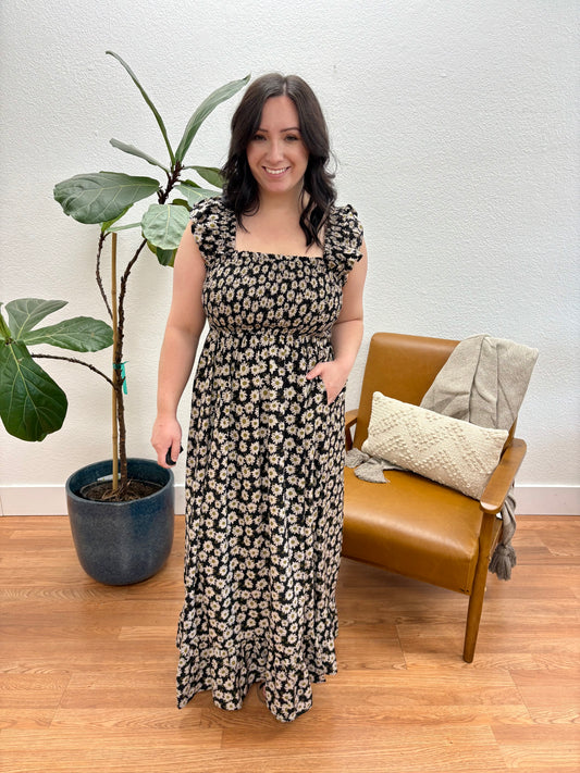 Black/Taupe Floral Smocking Midi Dress