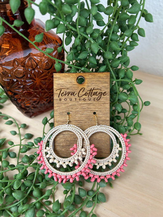 Pink Layer Beaded Hoop Drop Earrings