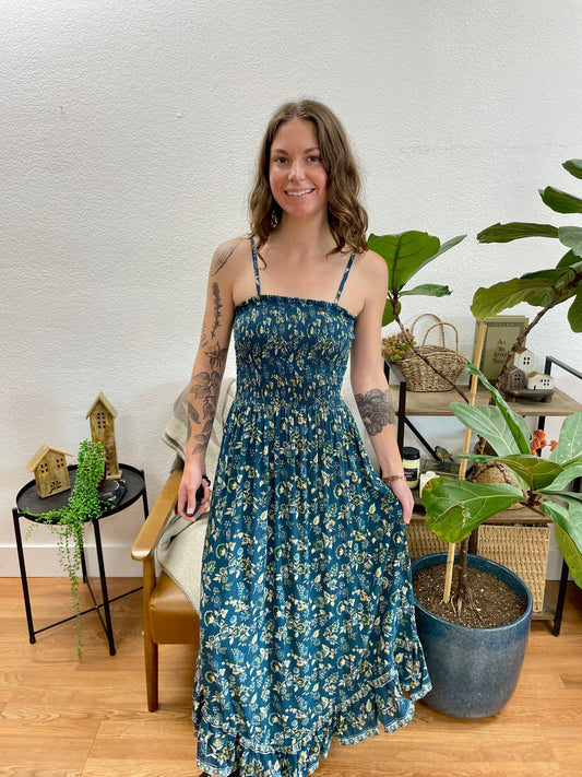 Teal Smocked Bodice Angled Hem Dress