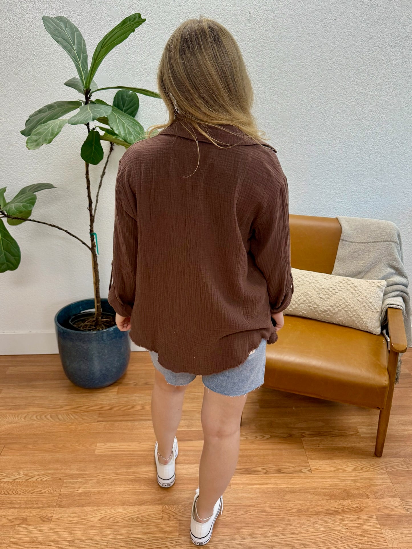 Brown Double Gauze Button Down Top