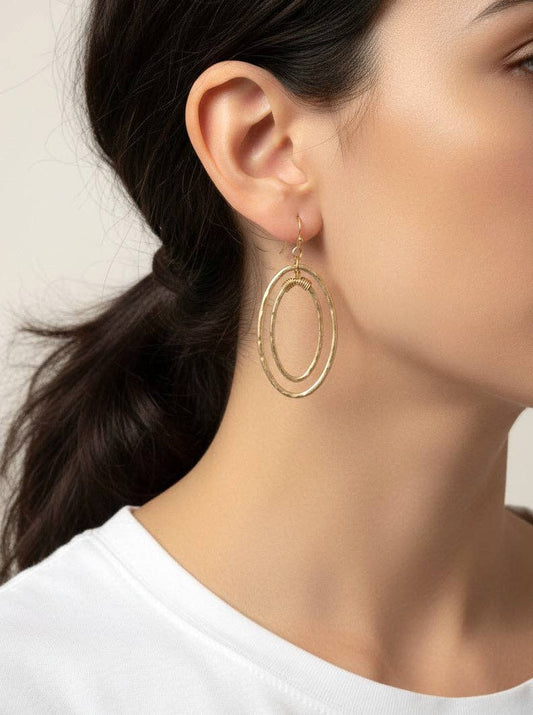 Gold Hammered Oval Artistic Dangle Earrings