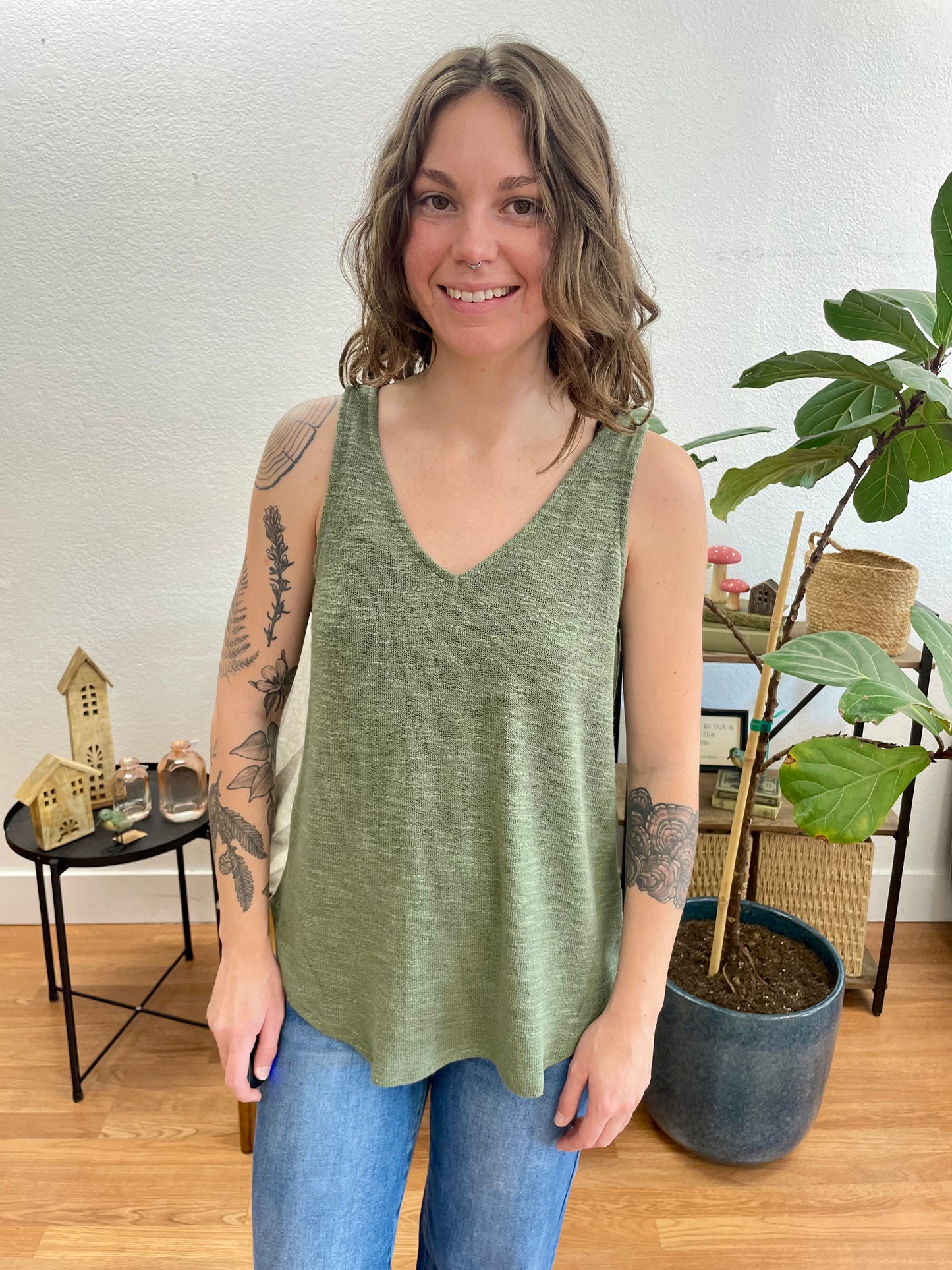 Olive V-Neck Hacci Tank - Terra Cottage