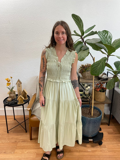 Mint Smocked Tie Front Tiered Midi Dress