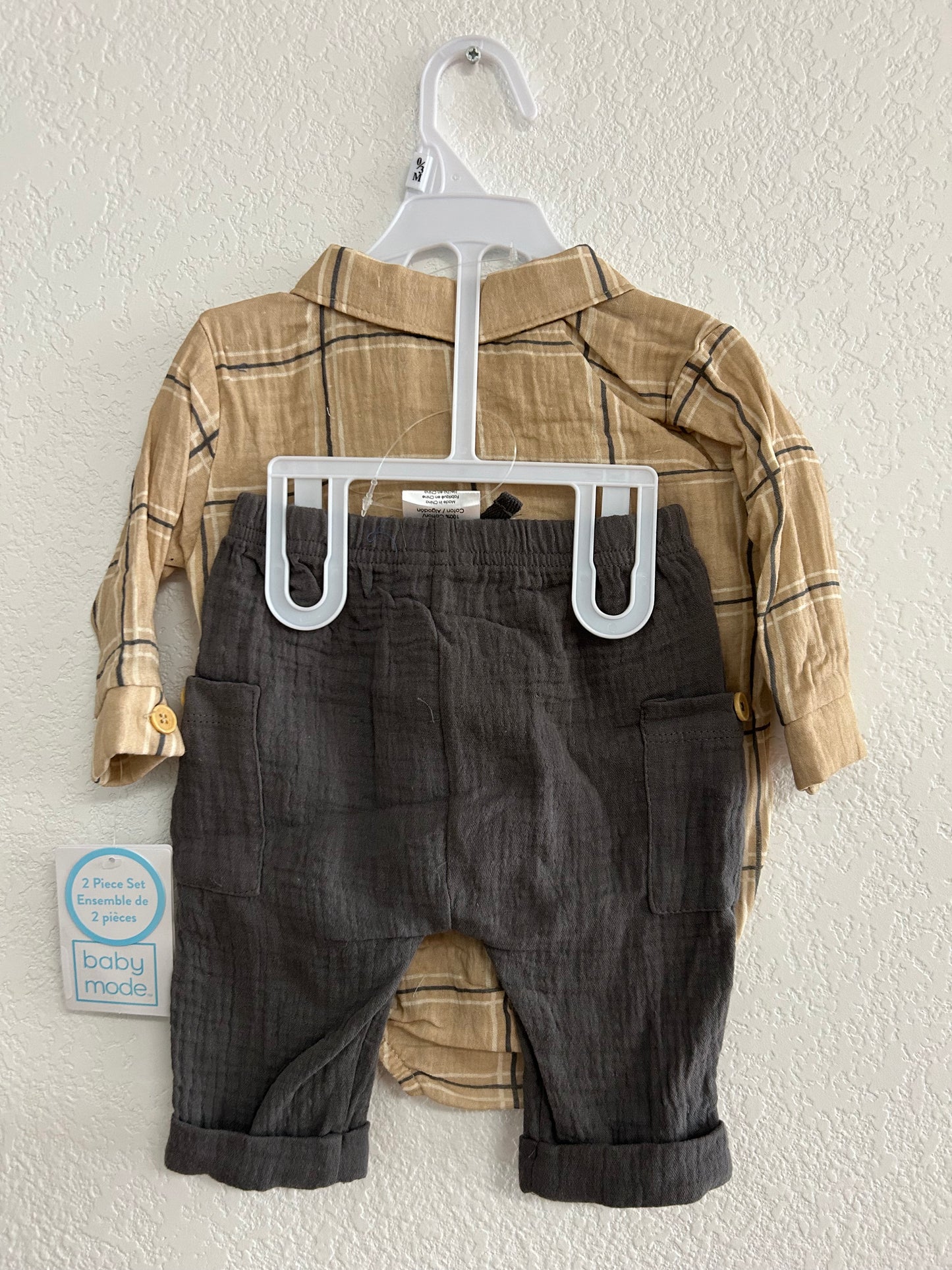 Boys Beige Plaid Gauze Set