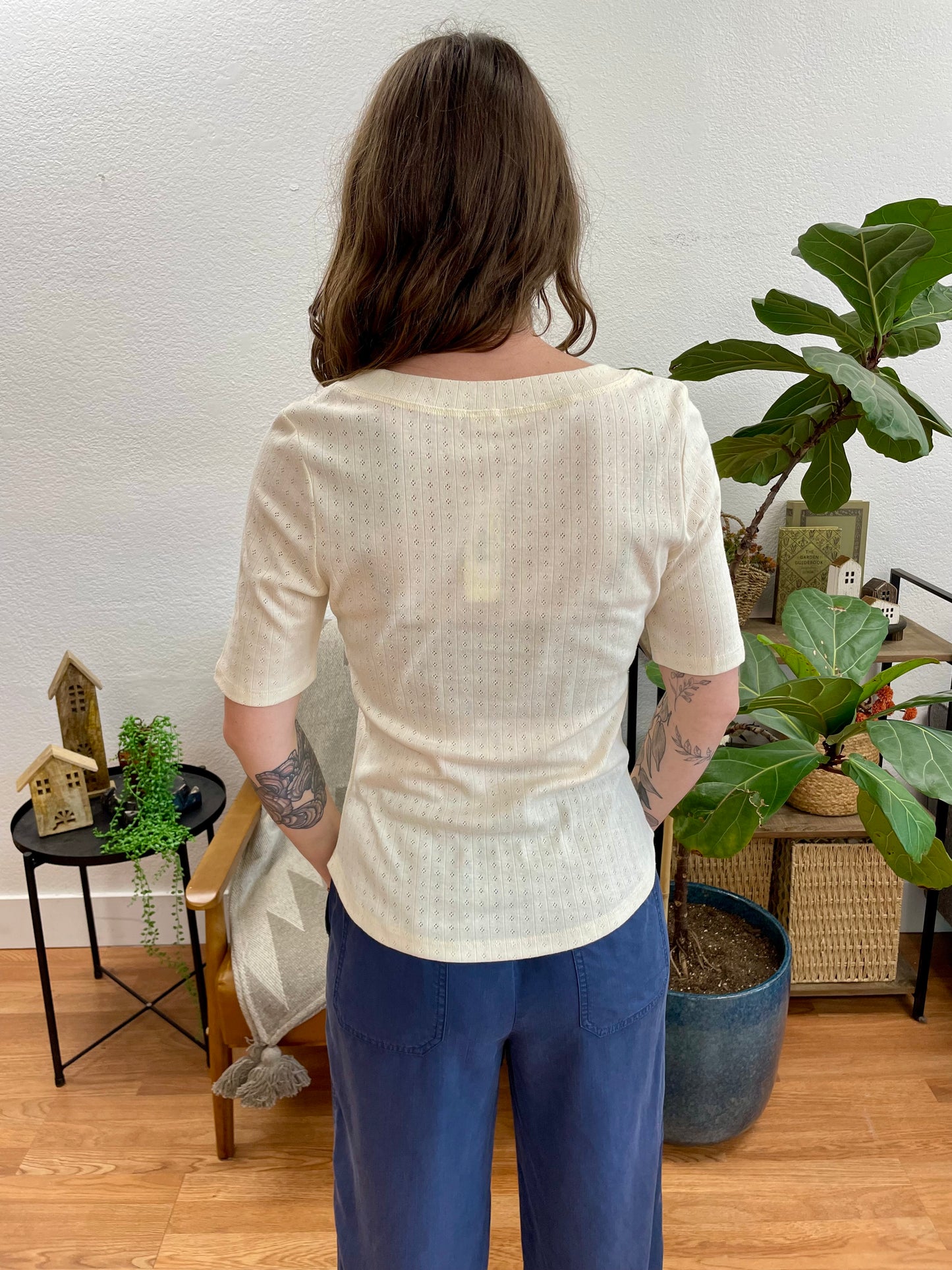 Cream Pointelle Henley Top