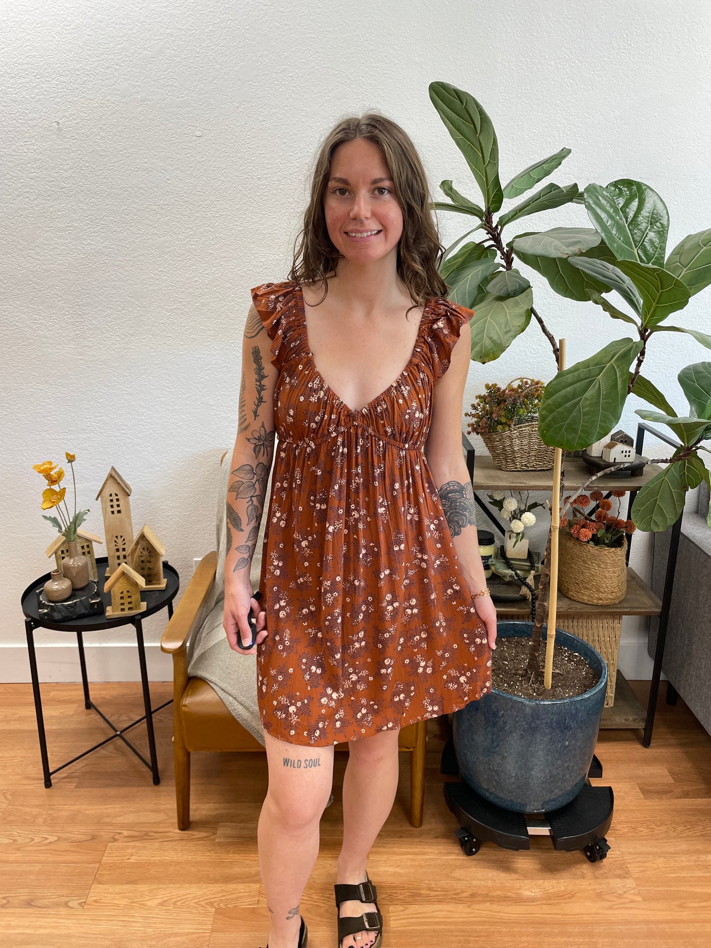 Ginger V Neck Flutter Sleeve Dress
