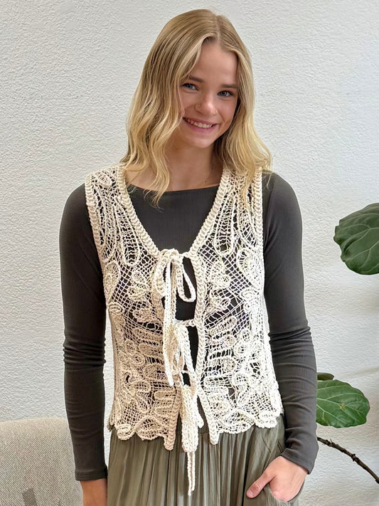 Beige Sleeveless Front Tie Embroidery Detailed Blouse