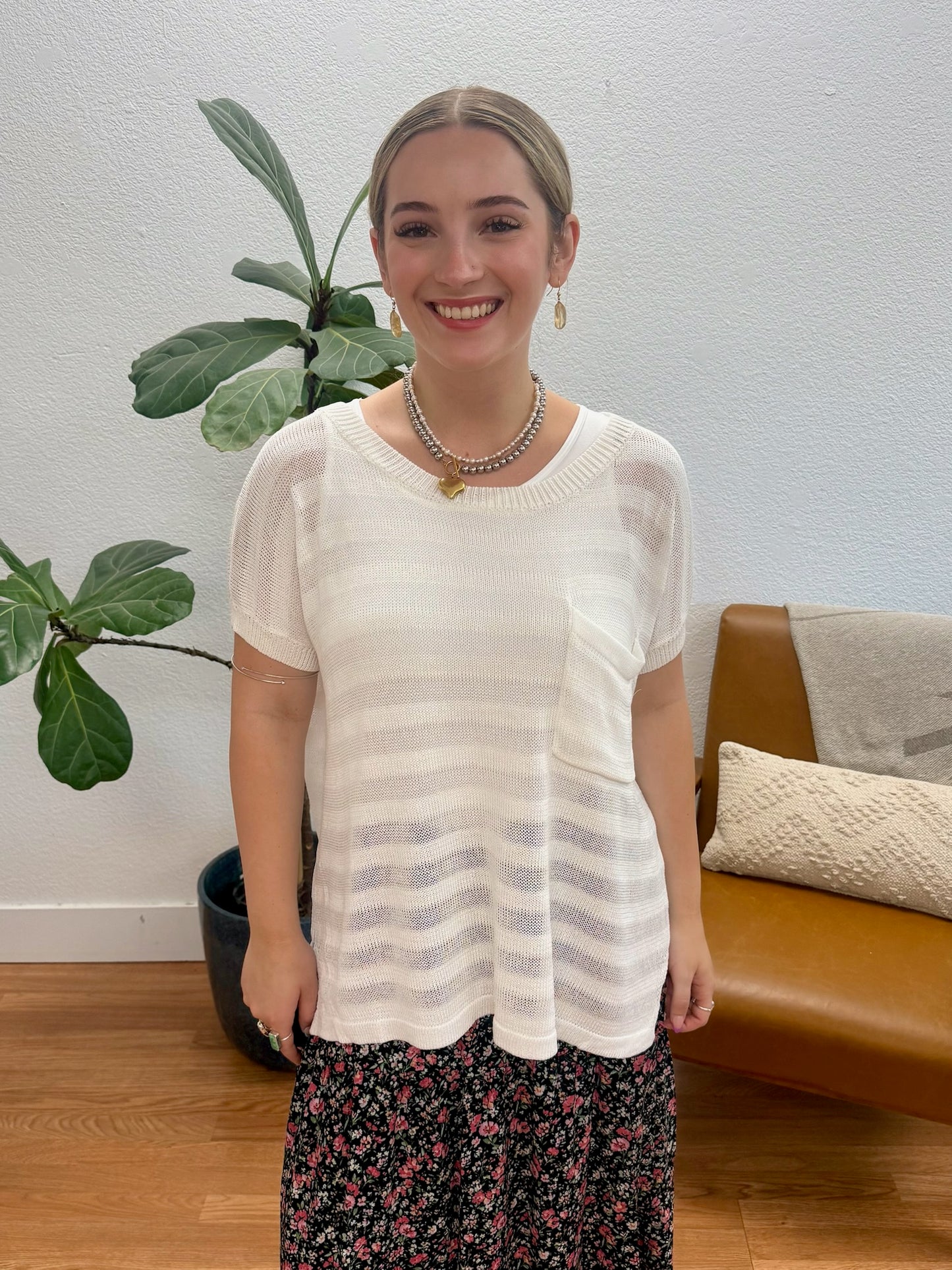 Off White Drop Shoulder Sheer Top