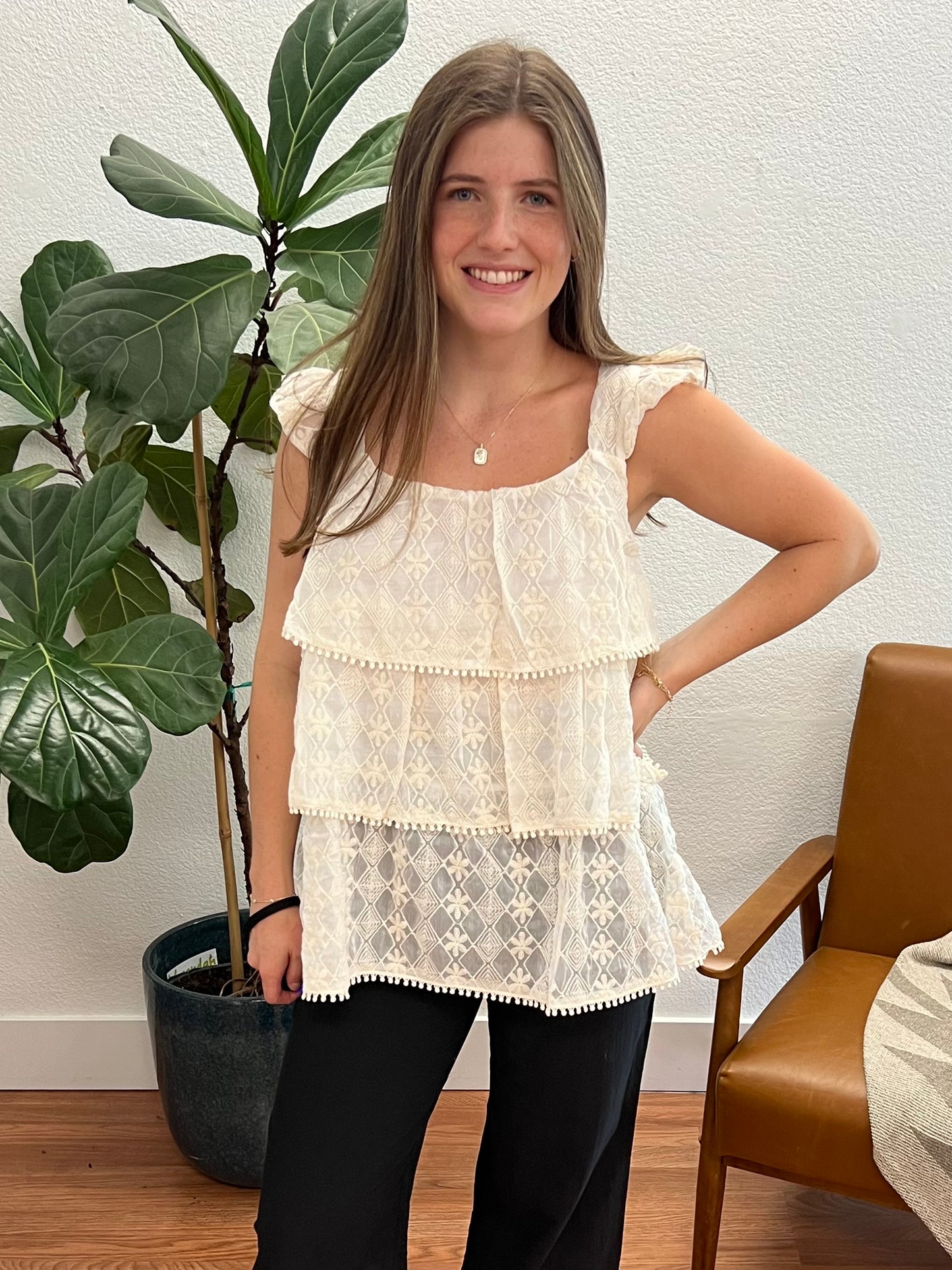 Ivory Embroidery Ruffle Tank