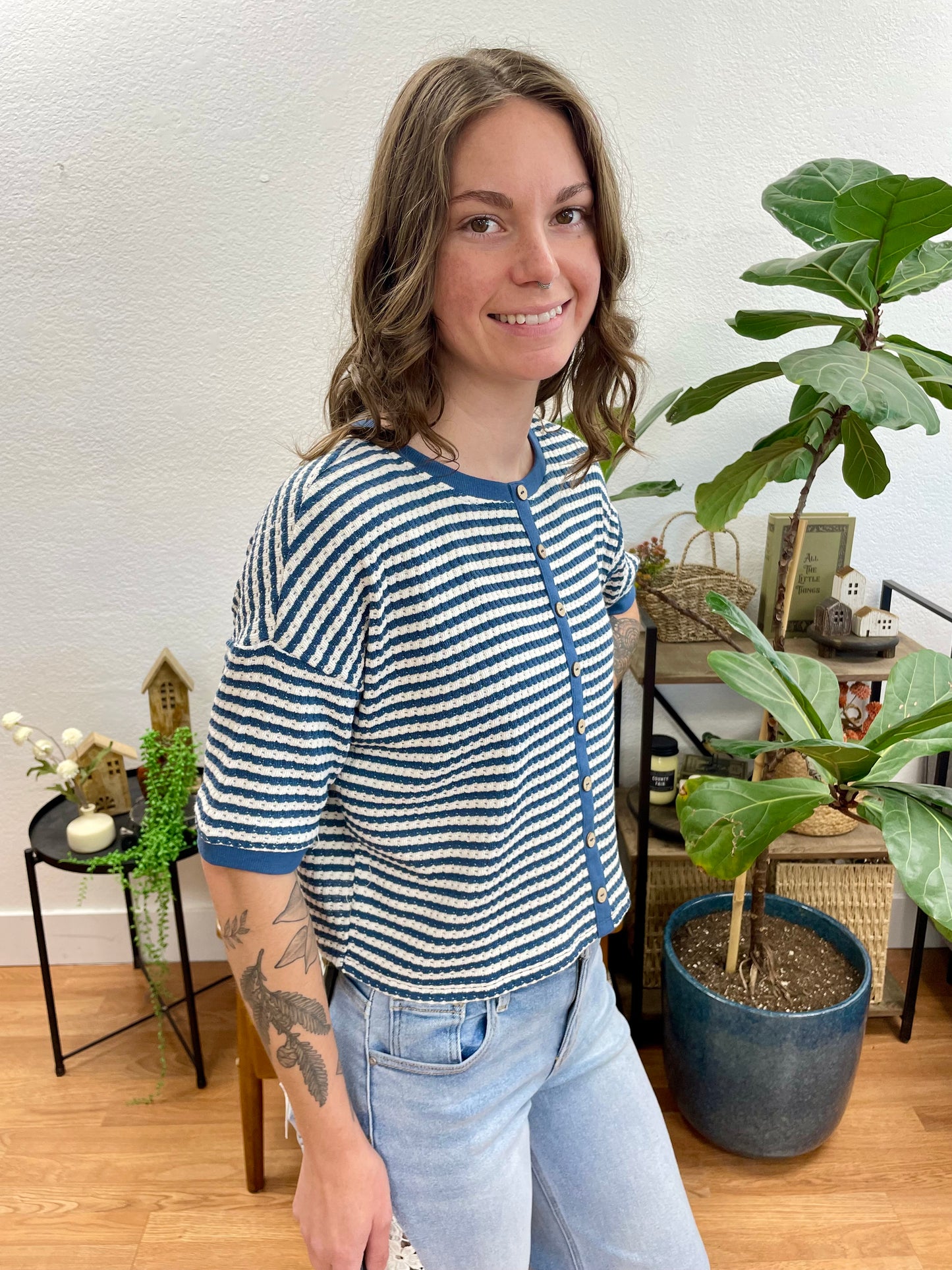 Denim Button Up Textured Top