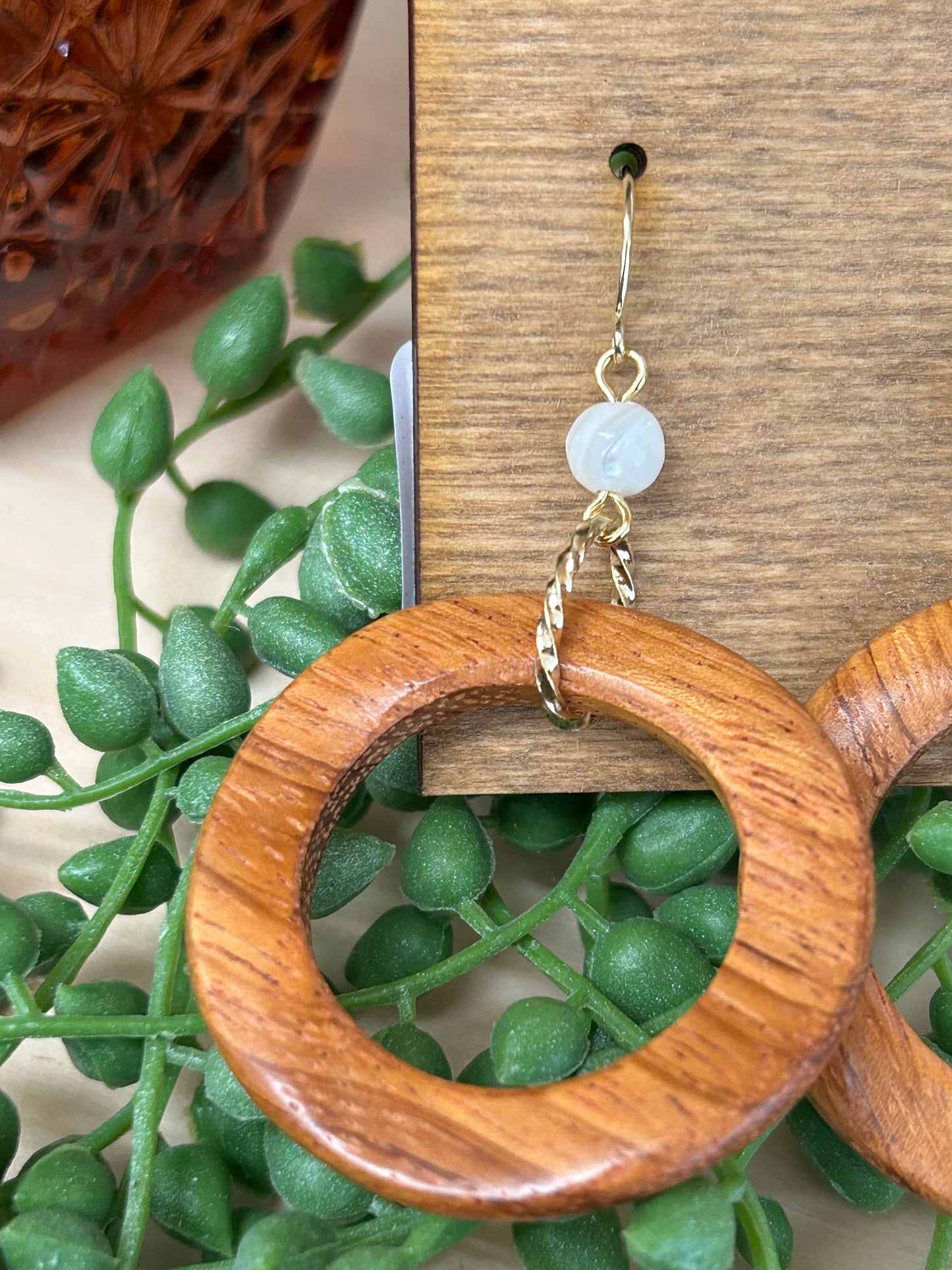 Wooden Hoop And Shell Bead Dangle Earrings