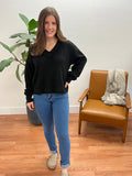 Black Relaxed Soft Knit V Neck Top