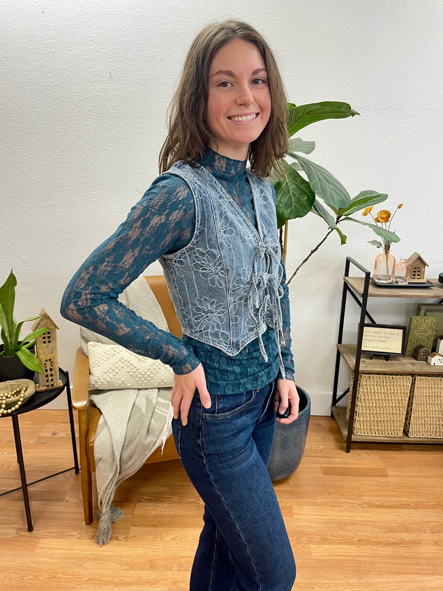 Floral Washed Denim Vest