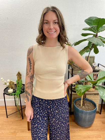 Khaki Boatneck Sleeveless Knit Top