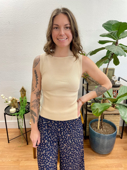Khaki Boatneck Sleeveless Knit Top