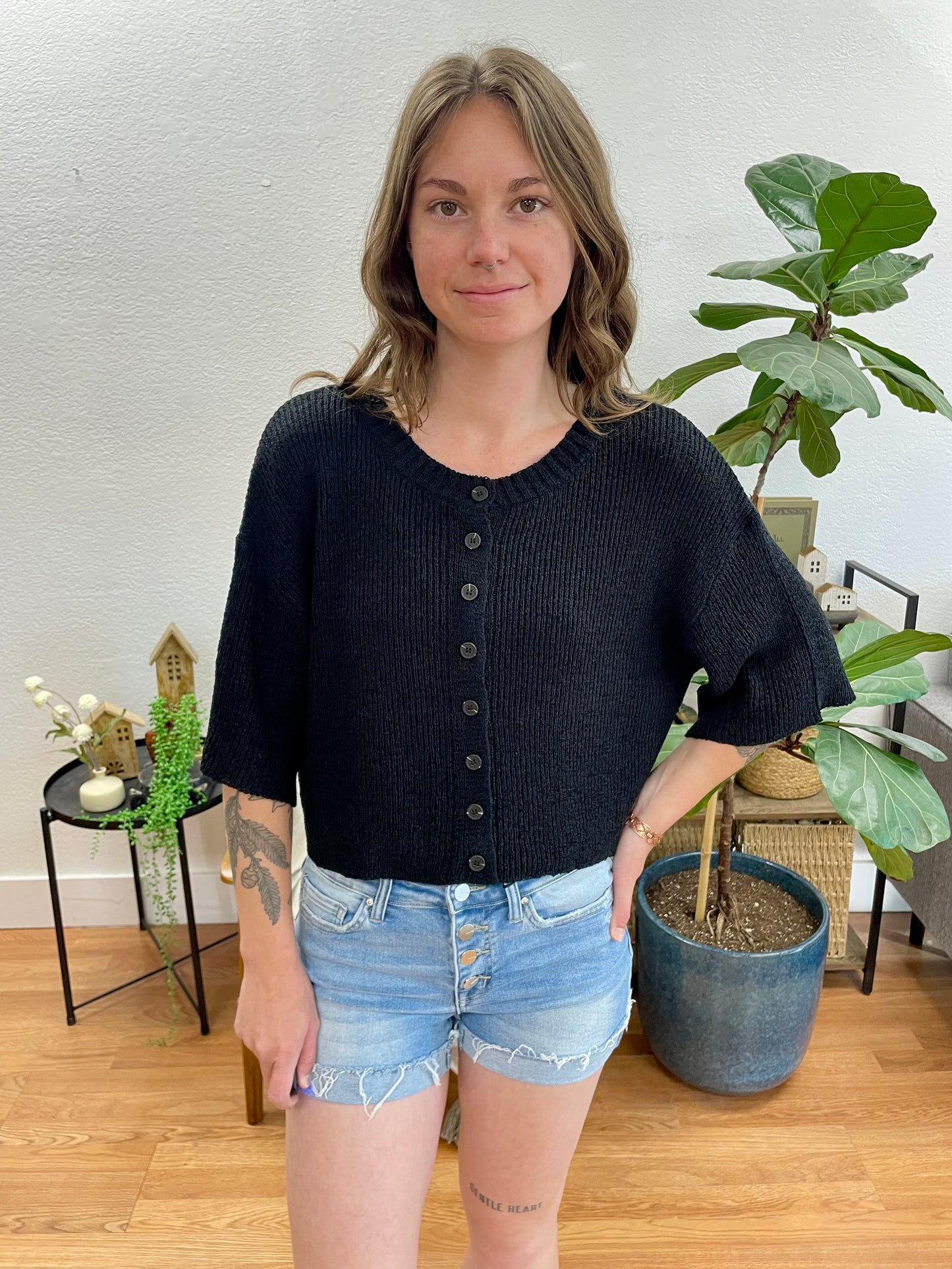 Black Boxy Button Up Cardigan