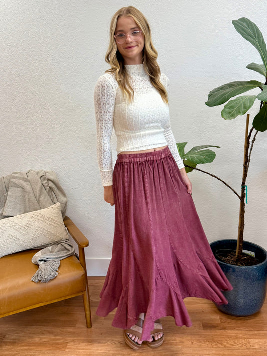 Wine Acid Wash Maxi Skirt