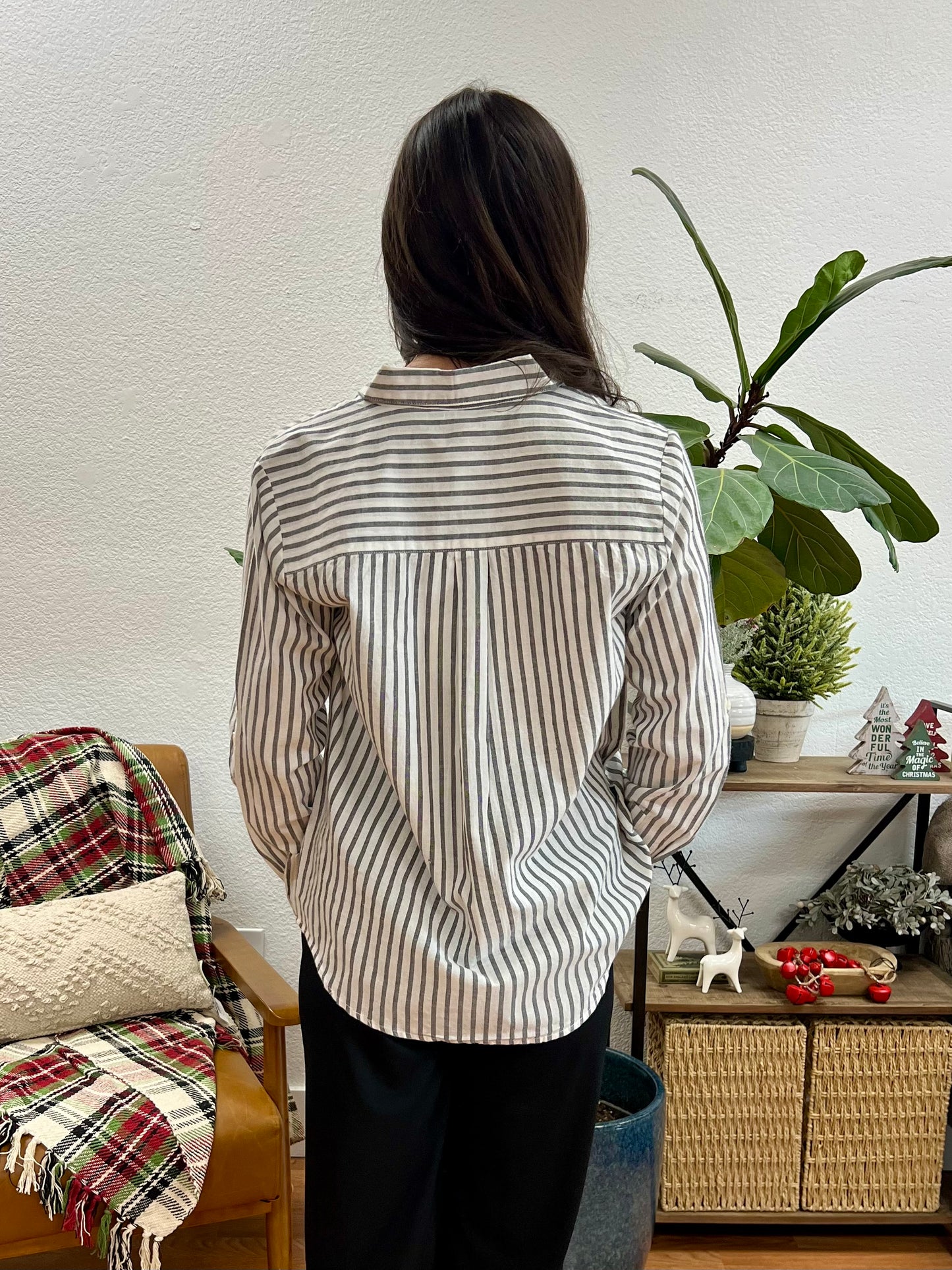 Black Rolled Sleeve Striped Shirt