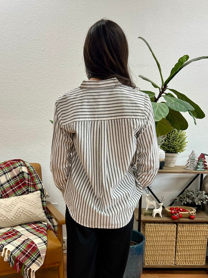 Black Rolled Sleeve Striped Shirt