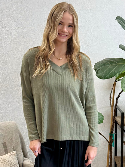 Olive V Neck Long Sleeve