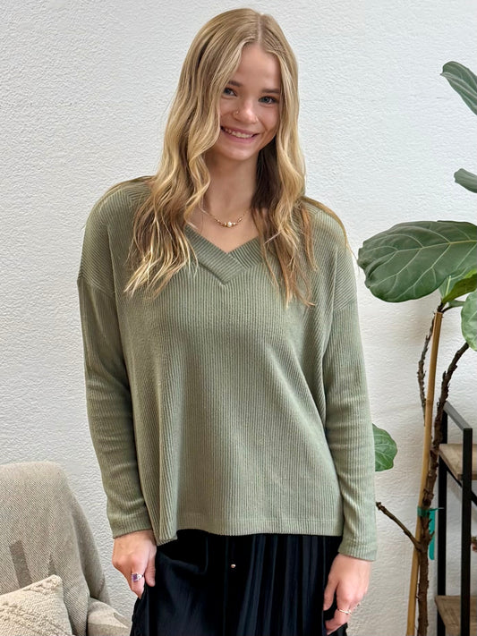 Olive V Neck Long Sleeve