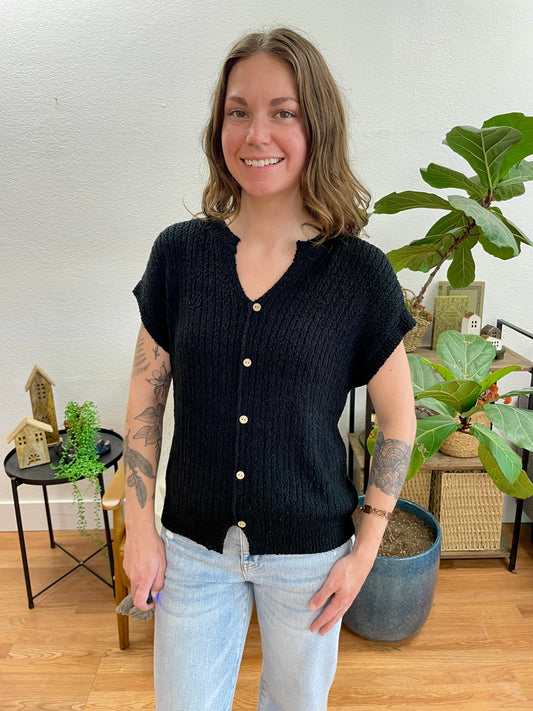 Black Button Front Sweater Top