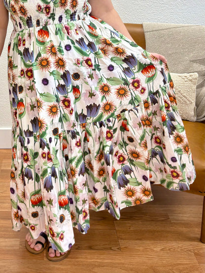 Cream Floral Smock Midi Dress