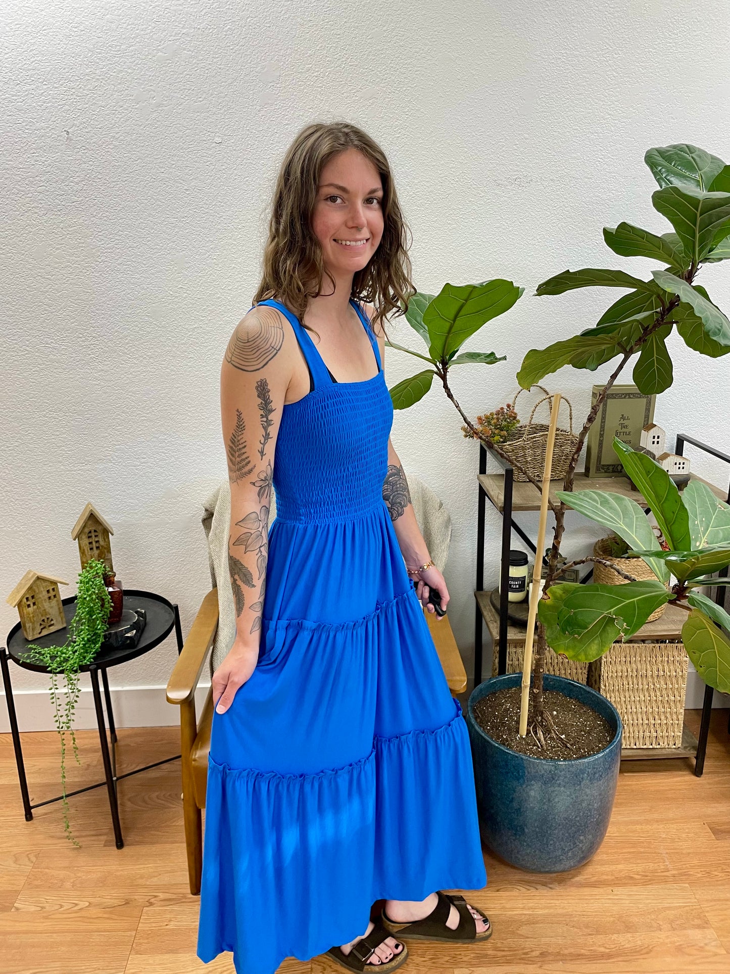 Blue Smocked Tiered Maxi Dress