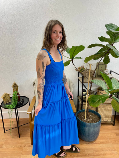 Blue Smocked Tiered Maxi Dress